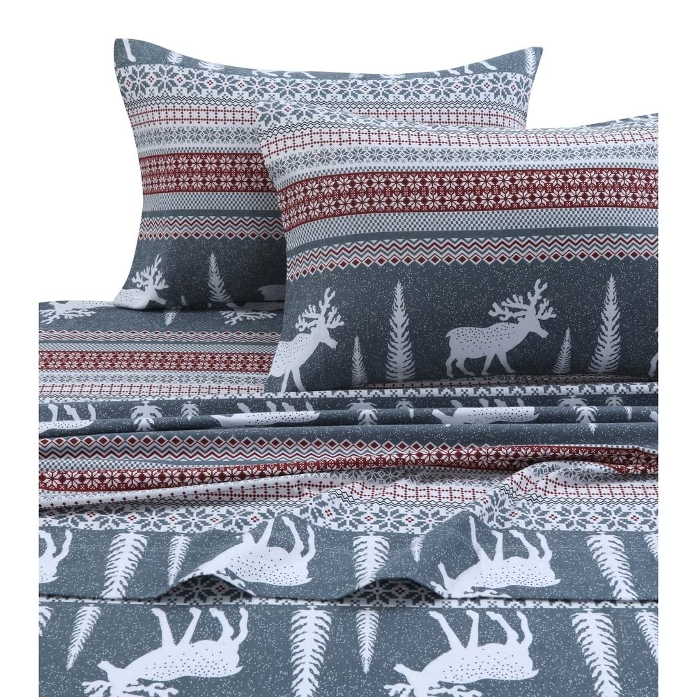 Tribeca Living - Juego de sábanas de Franela 100% algodón, Bolsillo Profundo, 170 g/m², Ropa de Cama Ultra Suave y acogedora para Invierno, King, Alces a Cuadros