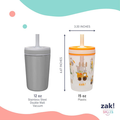 Zak Designs Kelso - Vasos para niños pequeños para viajes o en casa, paquete de 2 tazas de plástico duraderas con diseño a prueba de fugas, perfectas para niños (ganso tonto, cosecha)
