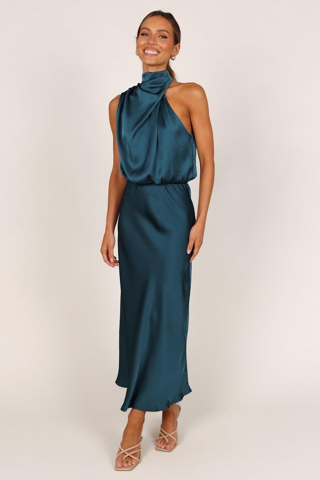 Petal & Pup Anabelle Vestido Midi con Cuello Halter para Mujer, Verde Azulado, Small