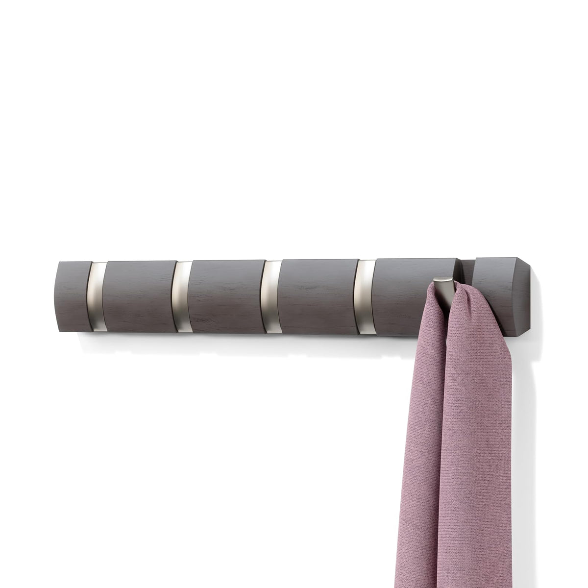 Umbra Flip Wall Mounted Floating Rack – Modern, Sleek, Space-Saving Coat Hanger with 5 Retractable, Driftwood/Nickel Hook - Madera flotante - Níquel - 5 ganchos