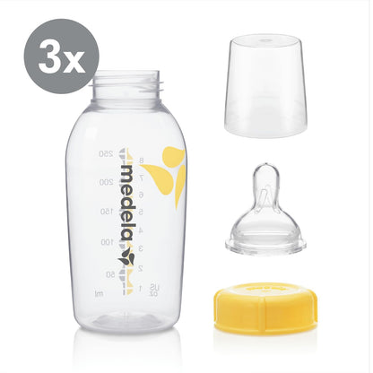 Medela | Biberones | Set de Botellas con Tetina de Flujo Medio | Edad bebé: 4-12 Meses | Contiene: 3 Botellas para Leche Materna de 8 oz / 250 ml con tapas, 1 Bolsa Esterilizadora Quick Clean