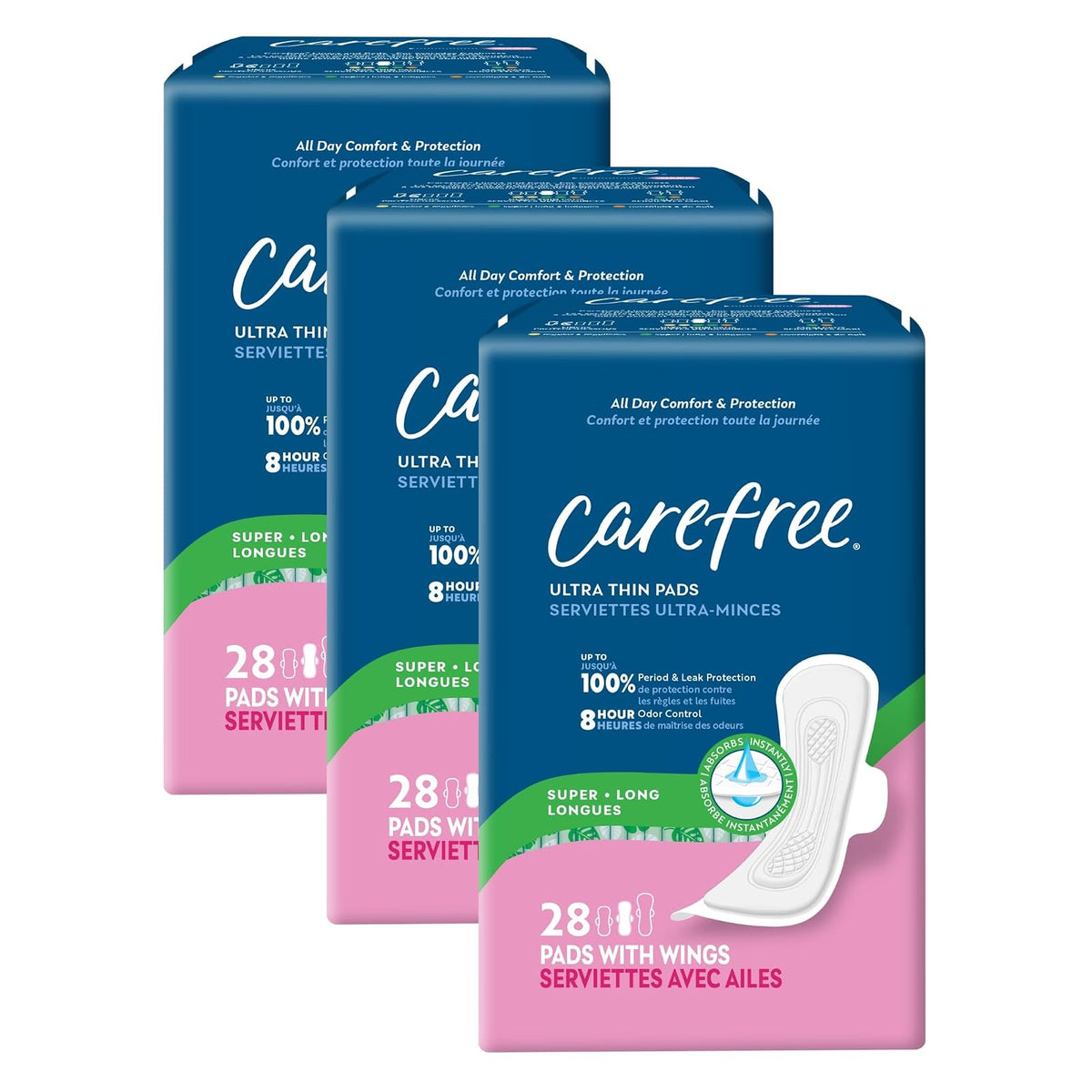 Carefree Ultra Delgado Super/Largo con Alas 28ct (paquete de 3)