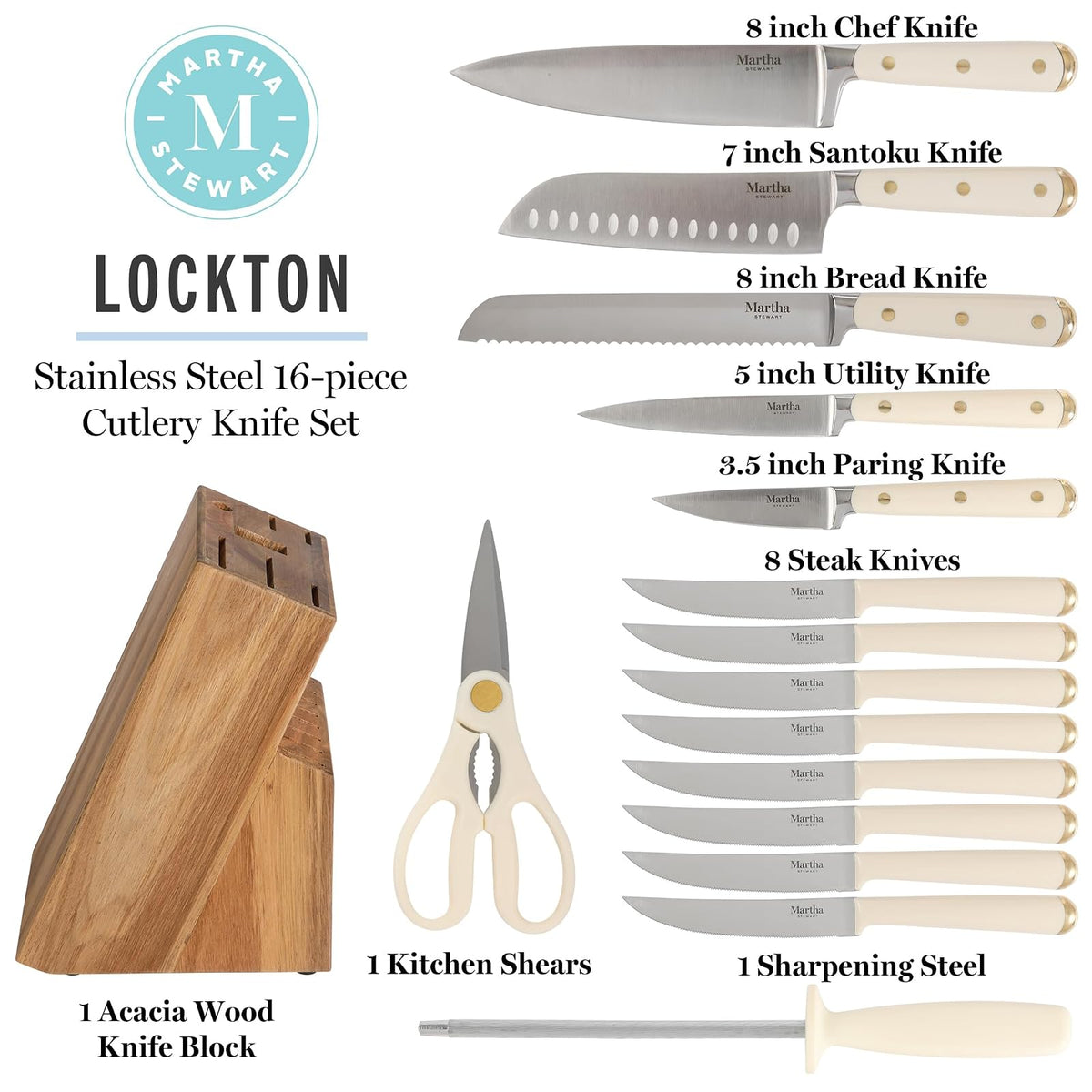 Martha Stewart Juego De Cuchillos Lockton 16 Piezas | Acero Inoxidable De Alto Carbono, Mango Forjado De ABS, Bloque De Madera De Acacia, Blanco Y Dorado