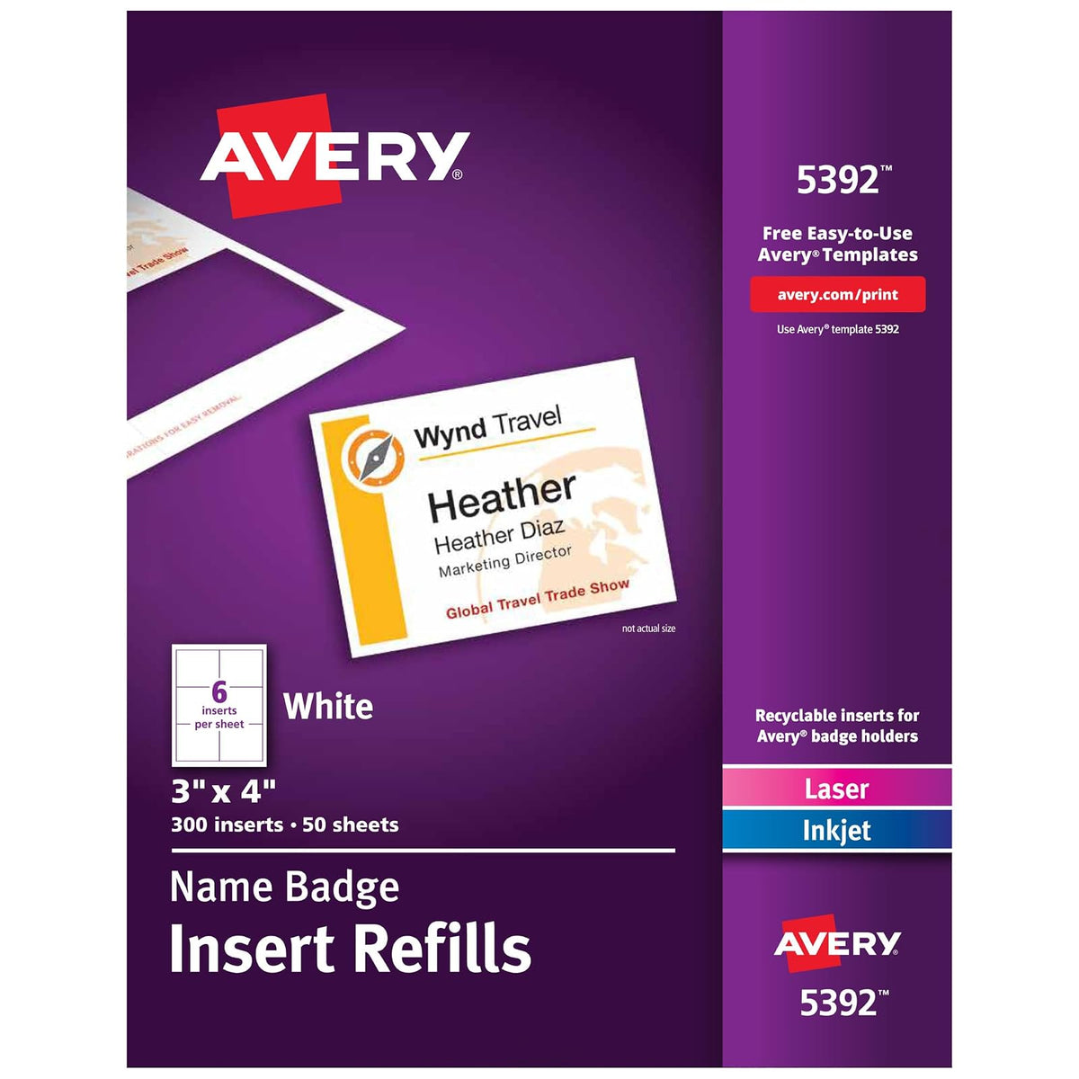 Avery Name Badge Inserts, Print or Write, 3" x 4", 300 Cardstock Refills (5392)