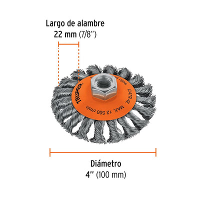 Truper CATR-4E, Carda para esmeriladora angular, tipo plato, alambre trenzado, calibre 0.35 mm, 4", 5/8-11