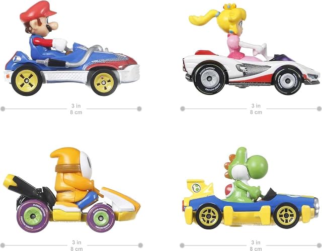 Hot Wheels Mario Kart, Paquete de 4 Autos, Vehículos de Juguete para niños de 3 años en adelante