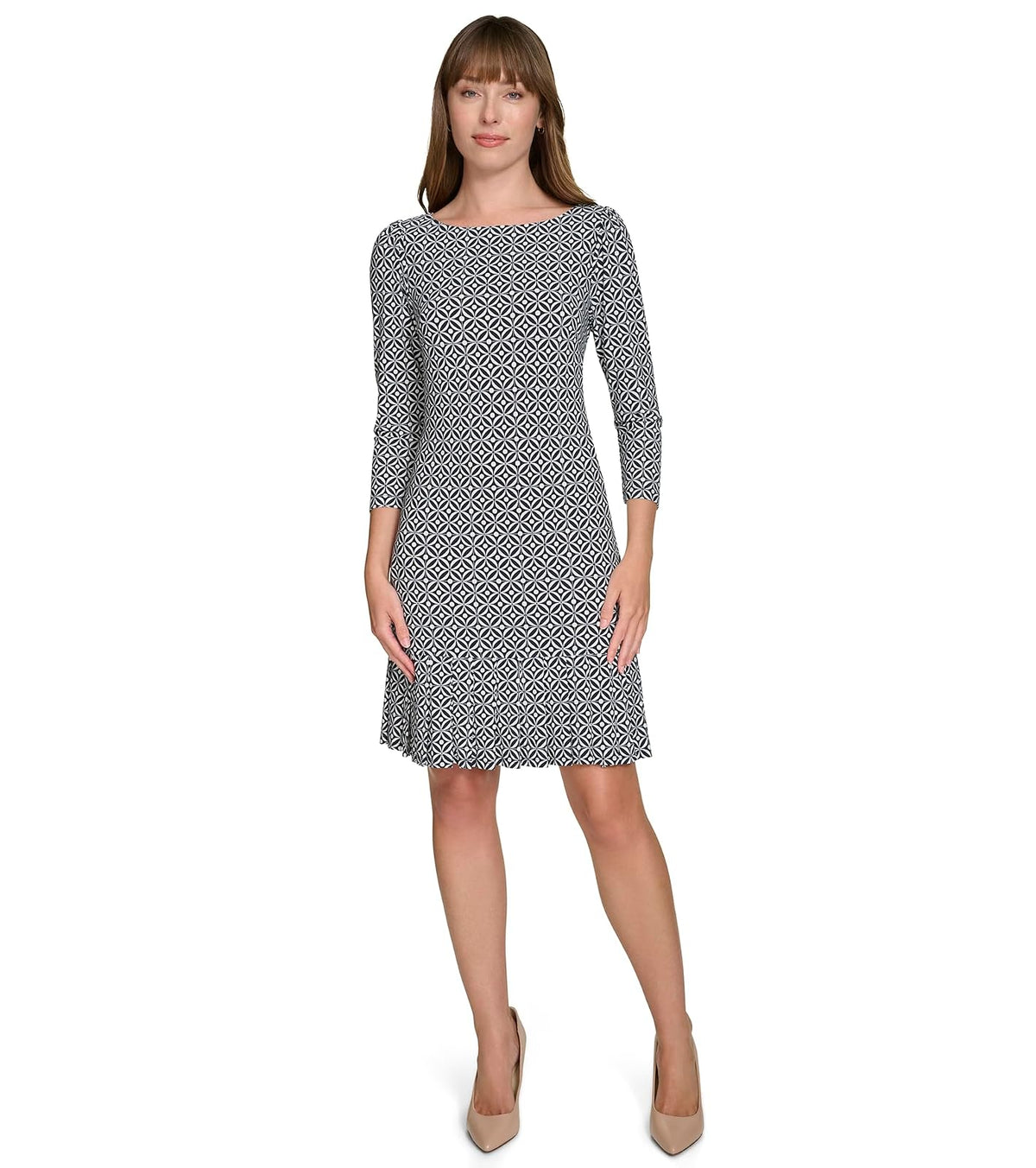 Tommy Hilfiger Pleated Hem Round Neck Printed Jersey Shift Dress Vestido Mujer