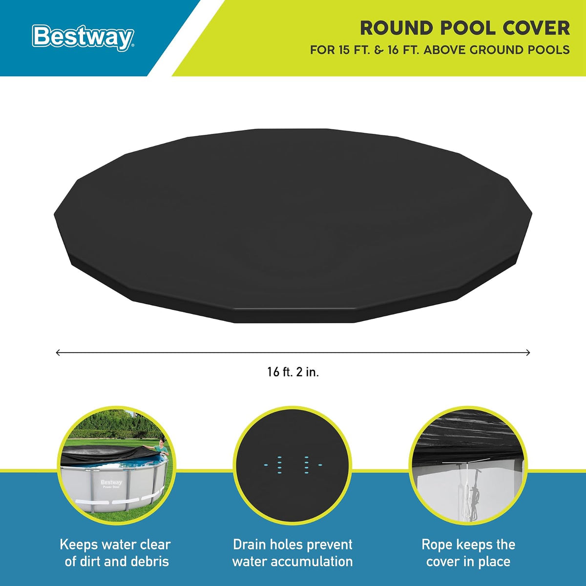 Bestway - Cubierta Redonda de PVC de 16 pies para Piscinas sobre el Piso con Agujeros de Drenaje y Cuerdas de Amarre seguras, Color Negro (Solo Cubierta)