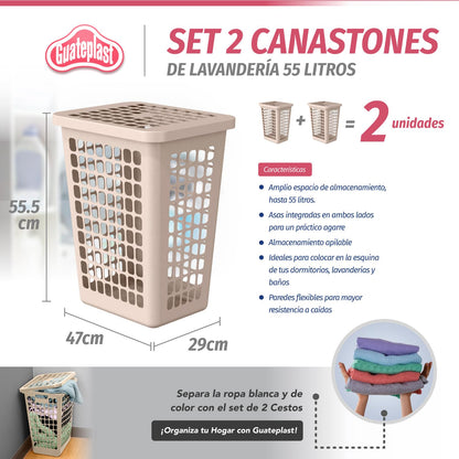 Guateplast Cestos para Ropa con Tapa 55 L | Juego de 2, beige, polipropileno, libre de BPA, asas ergonómicas