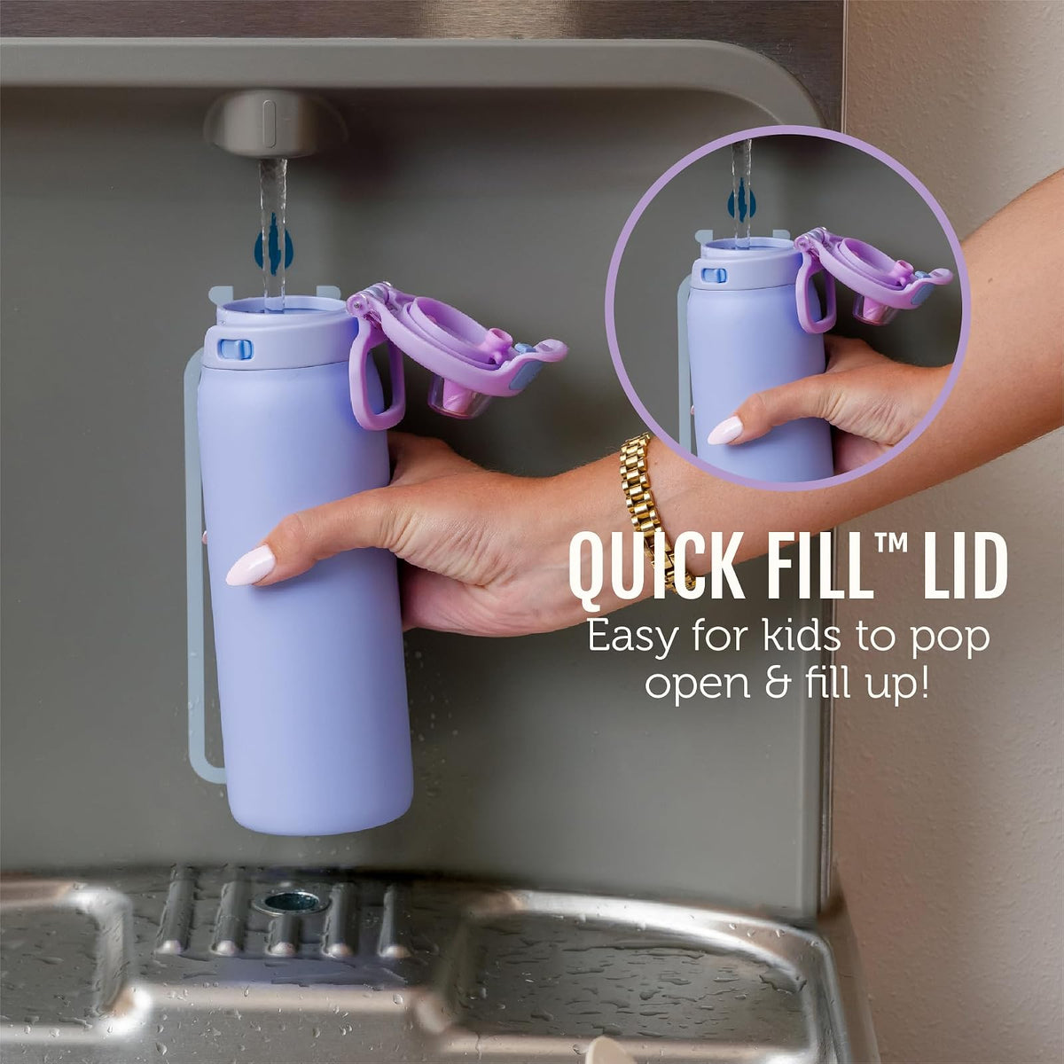 Ello Kids Pop & Fill Botella de agua de 12 onzas con tapa de llenado rápido, acero inoxidable aislado al aspiradora de doble pared, a prueba de fugas, sin BPA, sorbos y chug, para escuela, loncheras