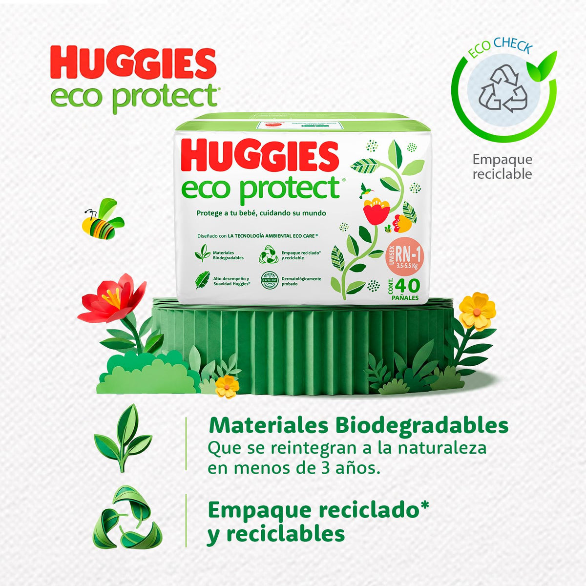 Huggies Eco Protect Pañal Desechable para bebé, Unisex, Etapa Recién Nacido - 1, Caja con 160 Pañales Desechables, Ideal para Bebés de 3 a 5.5 kilogramos