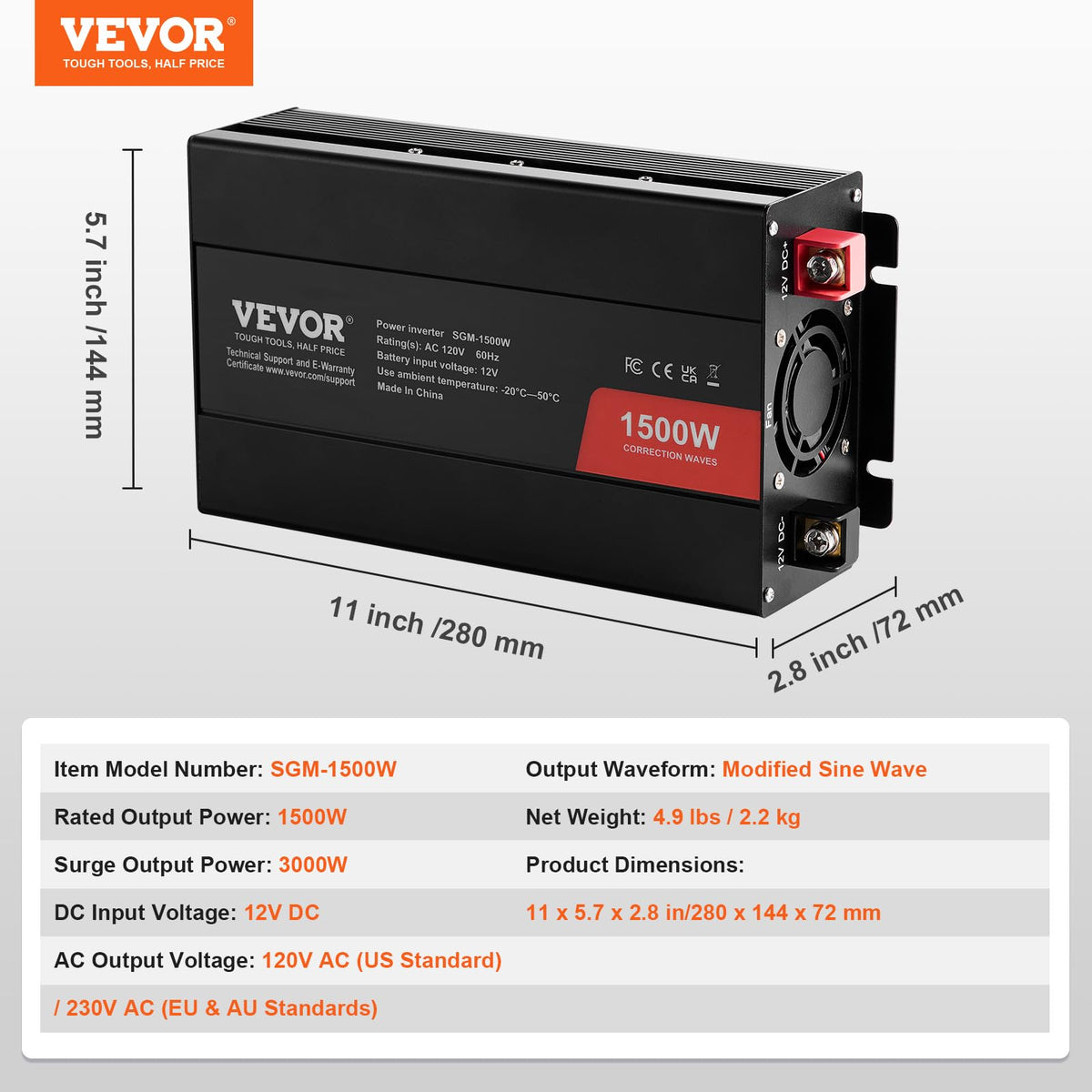 VEVOR Inversor de Onda sinusoidal modificada, 1500 W, CC 12 V a CA 120 V Inversor de Potencia con 2 Salidas de CA, 2 Puertos USB, 1 Puerto Tipo C 6 fusibles de Repuesto, para pequeños Dispositivos