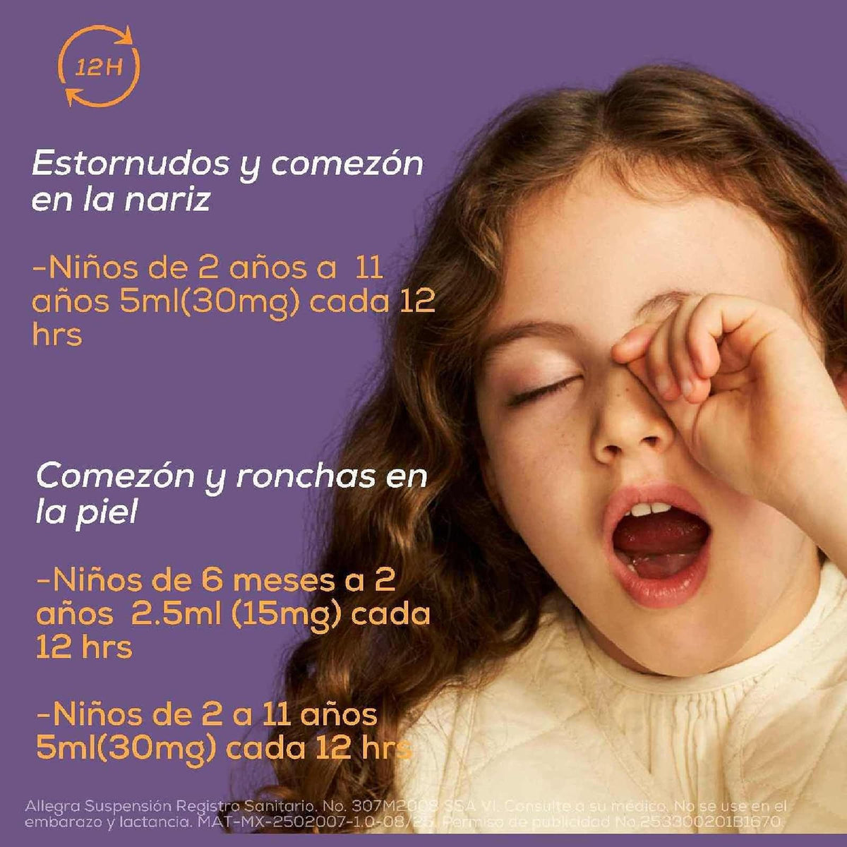 Allegra suspensión pediátrica para estornudos y escurrimiento nasal, 150ml.