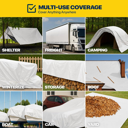 Seal Skin Covers Lona Impermeable Reforzada de 12x20 Pies, 12 Mil, 8 OZ, 120 gsm de Espesor, Color Blanco, con Ojales Antióxido, Cubierta Resistente a Desgarros con Bordes Reforzados para Camping