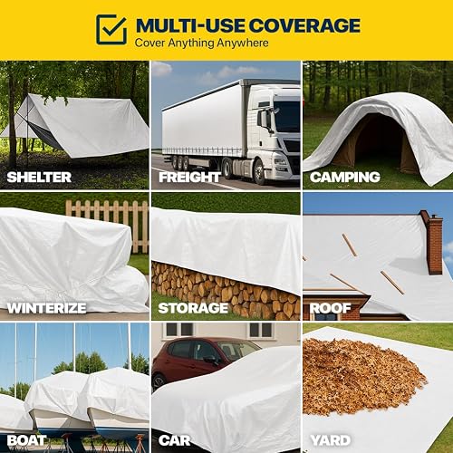 Seal Skin Covers Lona Impermeable Reforzada de 10x20 Pies, 16 Mil, 8 OZ, 160 gsm de Espesor, Color Blanco, con Ojales Antióxido, Cubierta Resistente a Desgarros con Bordes Reforzados para Camping