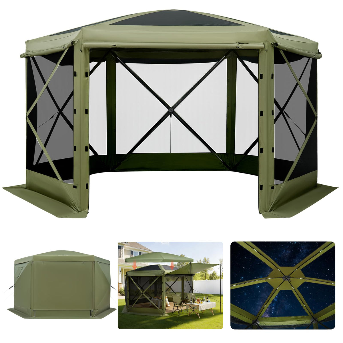 VEVOR Carpa Plegable de 6 Lados 3,6 x 3,6 m, Pérgola de Jardín con Techo Desmontable y Bolsa de Transporte, Carpa de Exterior para 8 a 10 Personas, para Fiesta, Camping, Playa, Patio, Jardín, Verde