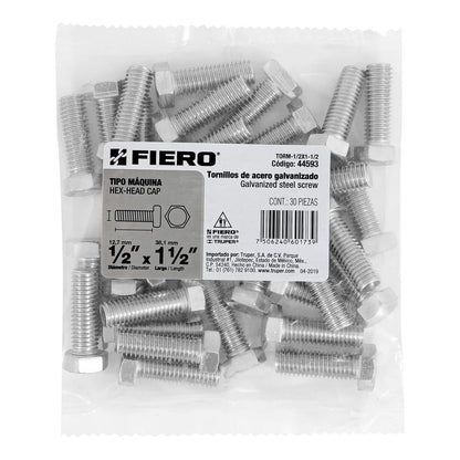 Fiero TORM-1/2X1-1/2, Tornillo acero galvanizado tipo máquina 1/2x1 1/2", 30 pzas