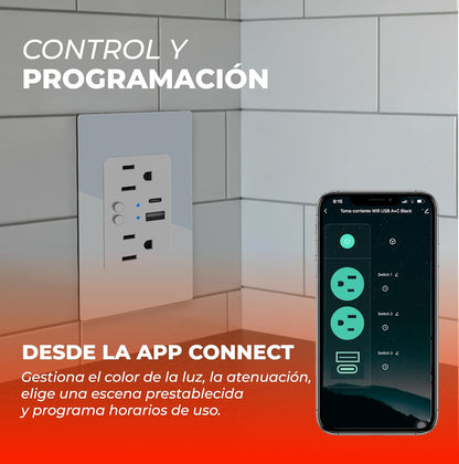 Tecnolite Connect - Contacto de Pared Inteligente WiFi Tomacorriente, 2 contactos + 2 puertos USB C/USB A, Cable Neutro, Compatible con App móvil, Alexa, Google y Siri