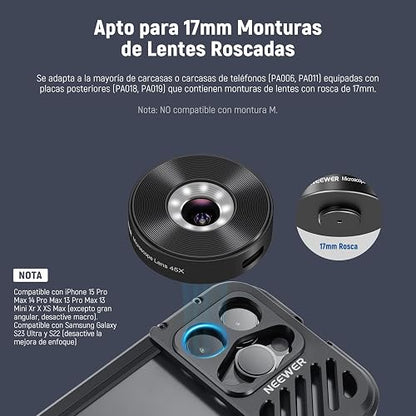 NEEWER Microscopio de Teléfono 45X para 17mm Plano de Lente de Rosca, Lente de Zoom de Primer Plano con 50mA Batería, Luz LED, Cable Tipo C Compatible con iPhone Samsung Cage con 17mm Adaptador, LS-42