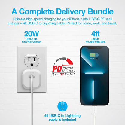 Naztech Cargador de Pared USB-C PD de 20 W + USB-C a [Certificado MFI] Cable de Carga Lightning de 4 pies Compatible con iPhone 14/13/12/Pro/Pro MAX y más (Blanco) 15396