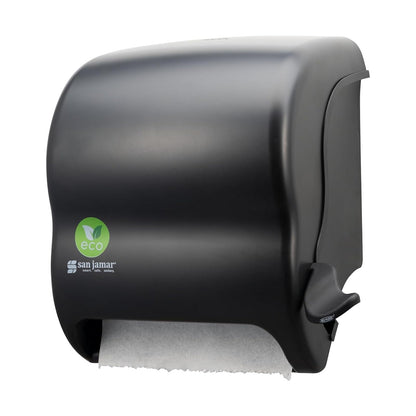 San Jamar - Dispensador de toallas de papel de palanca de plástico reciclado, dispensador manual de toallas, dispensador montado en la pared con cero residuos para el hogar y el negocio, rollos de 8 pulgadas, color negro