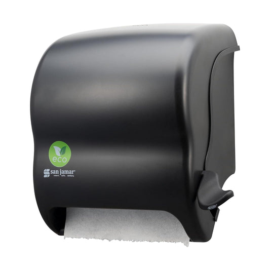 San Jamar - Dispensador de toallas de papel de palanca de plástico reciclado, dispensador manual de toallas, dispensador montado en la pared con cero residuos para el hogar y el negocio, rollos de 8 pulgadas, color negro