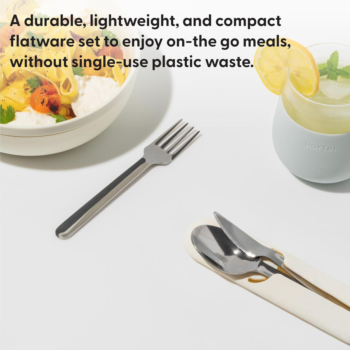 W&P Porter - Utensilios de acero inoxidable con funda de transporte de silicona, rubor de terrazo, cuchara, tenedor y cuchillo para comidas sobre la marcha, juego portátil y compacto, tamaño único