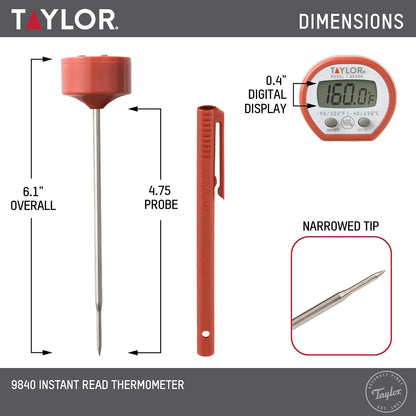 Taylor Precision Products Termómetro digital de lectura instantánea para carne, parrilla, cocina, barbacoa, cocina, viene con clip de manga de bolsillo, rojo
