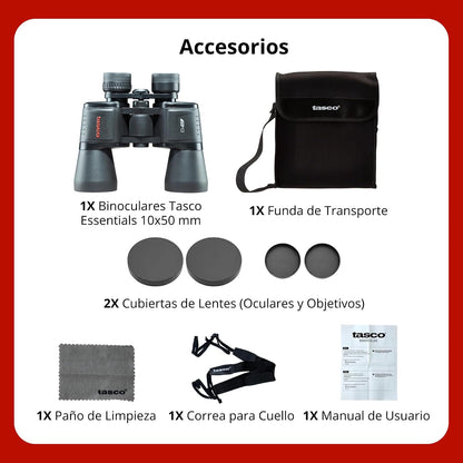 Tasco Binoculares Essentials Porro 10x50 mm. Prismático con Alcance de visión de hasta 1000 Metros, Negro, para Uso Astronómico y Terrestre