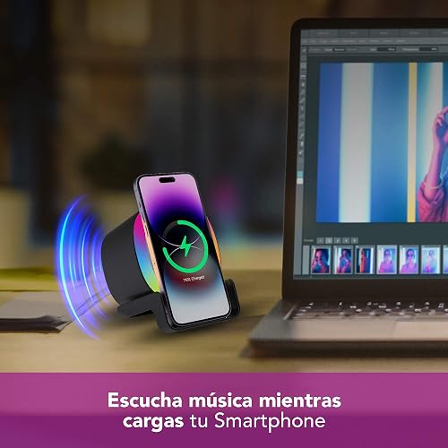 Lloyd's Cargador p/Celular 15W con bocina y luz RGB al Ritmo de la música | Coloca tu smartphone vertical u horizontal y elige entre 3 intensidades de luz cálida para crear el ambiente ideal
