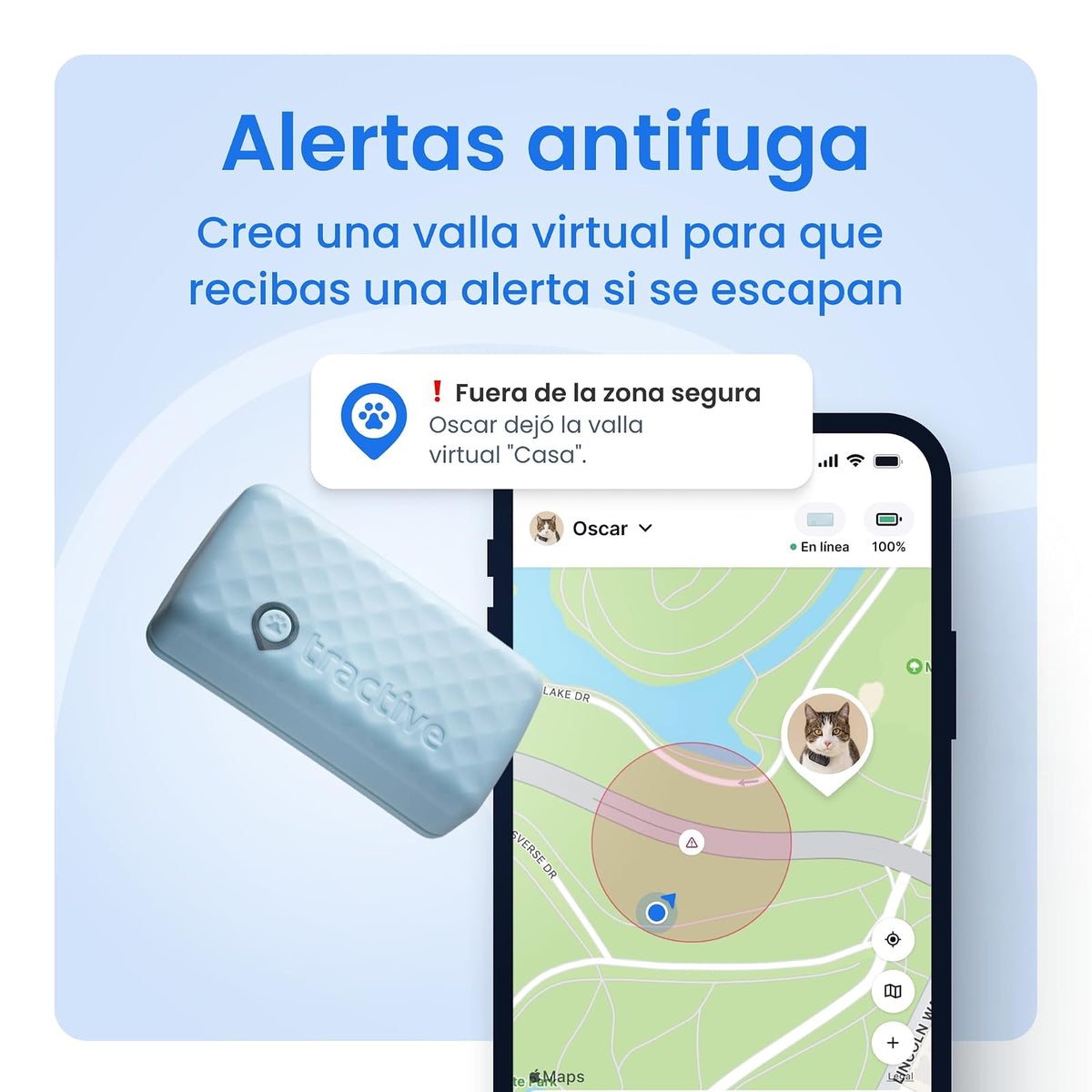 Tractive - Rastreador GPS y monitoreo de Salud para Gatos (6 Libras +) - Rastreador de ubicación GPS para Mascotas líder en el Mercado | Alertas de Bienestar y Escape, Impermeable, Funciona con