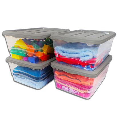 JOY Caja de almacenamiento de Plástico con Tapa, Paquete de 4, Capacidad de 16 Litros, Cajas Apilables para Organizar el Armario, Suministros Escolares (40x27x16 cm)