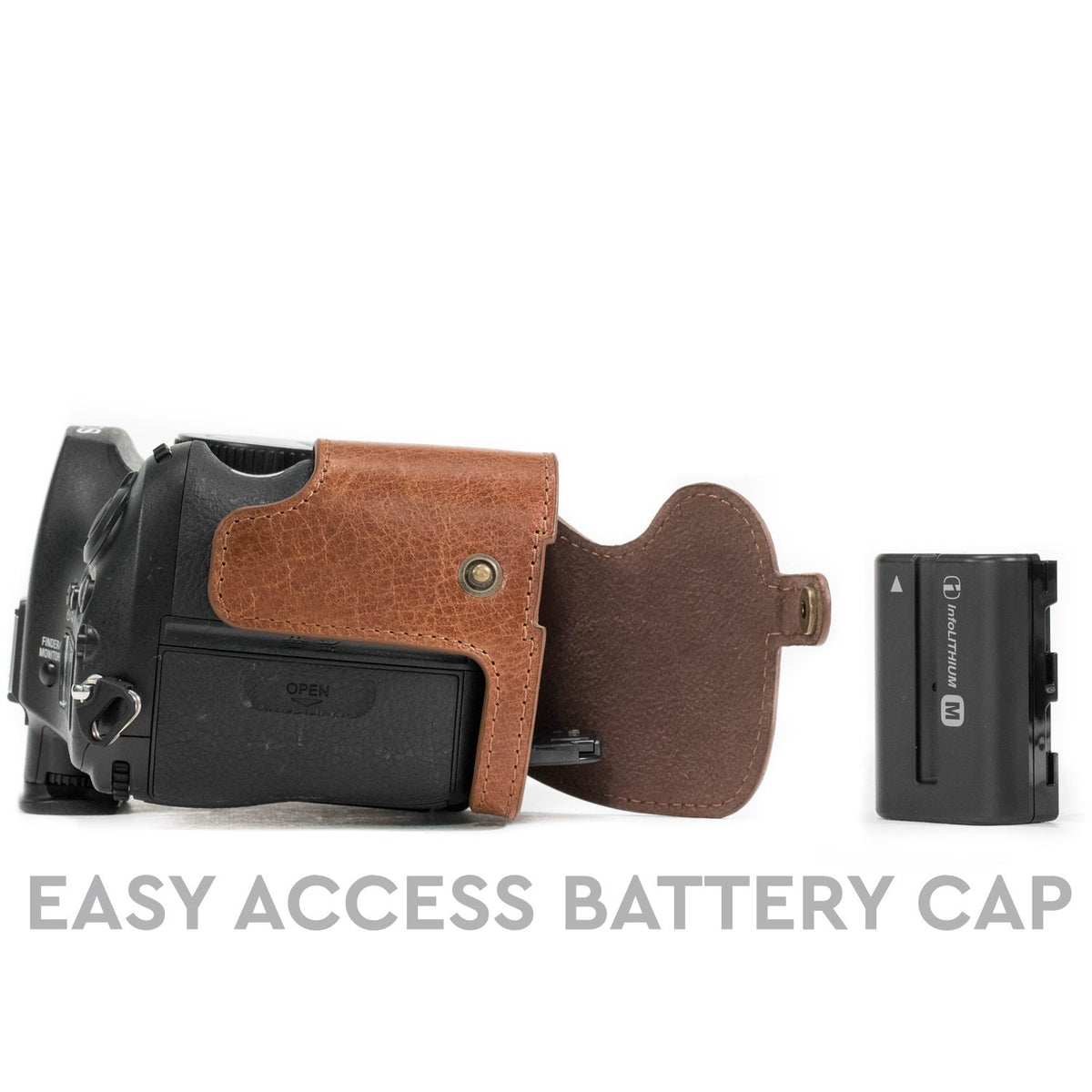 MegaGear MG1084 Estuche Ever Ready, Media Funda, Estuche de Base, Funda de Cuero, de Pronto Uso, con Correa Compatible con Sony Alpha A99 II - Marron Oscuro