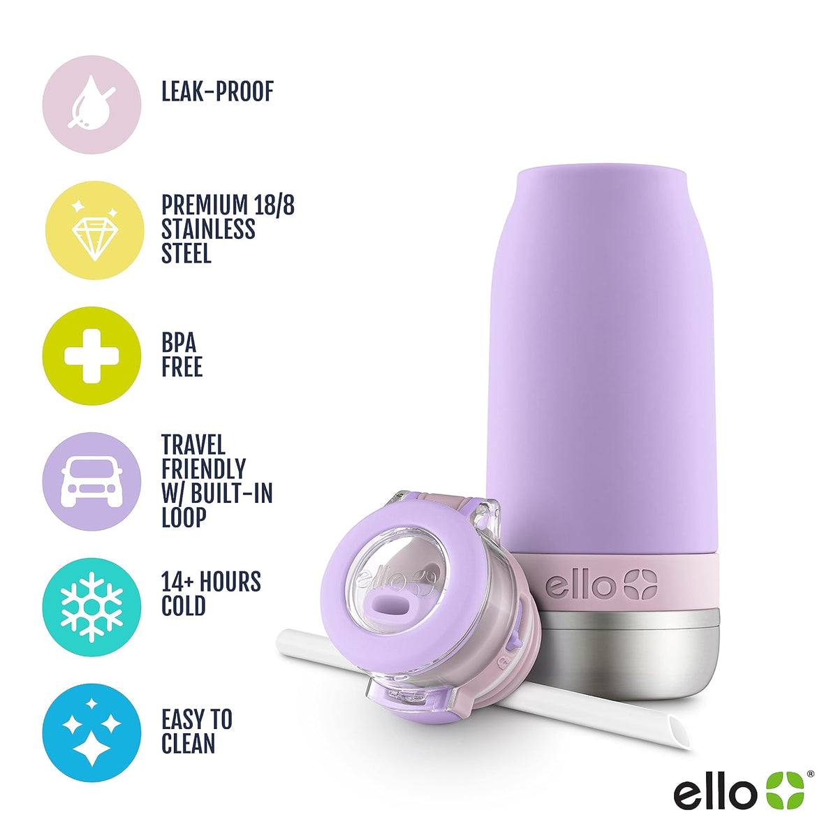 Ello Emma 14oz Vacuum Insulated Stainless Steel Kids Water Bottle with Straw and Built-in Carrying Handle and Leak-Proof Locking Lid for School Backpack, Lunchbox and Outdoor Sports