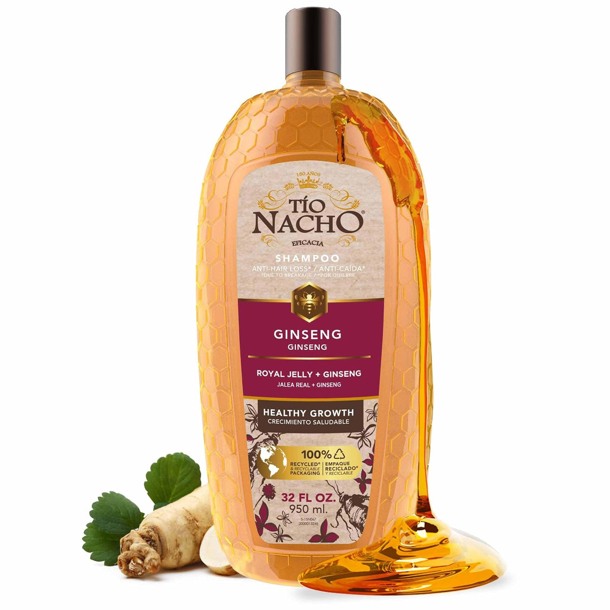 TÍO NACHO Shampoo Anticaída con Ginseng y Jalea Real, Estimula y Fortalece el Crecimiento del Cabello, Extractos de Romero, Aloe Vera y Jojoba, Ideal para la Caída del Cabello. Contiene una Botella con 950 ml