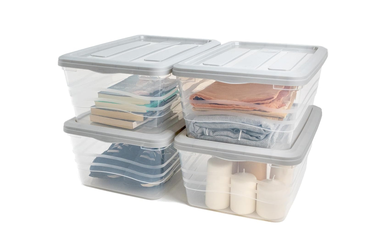 JOY Caja de almacenamiento de Plástico con Tapa, Paquete de 4, Capacidad de 16 Litros, Cajas Apilables para Organizar el Armario, Suministros Escolares (40x27x16 cm)
