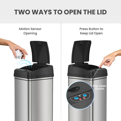 iTouchless - Sistema de control de olores para cubos de basura con sensor deslizante, cubo de basura automático de cocina y oficina (alimentado por batería o adaptador de CA opcional), 49.2 l, acero inoxidable con ruedas