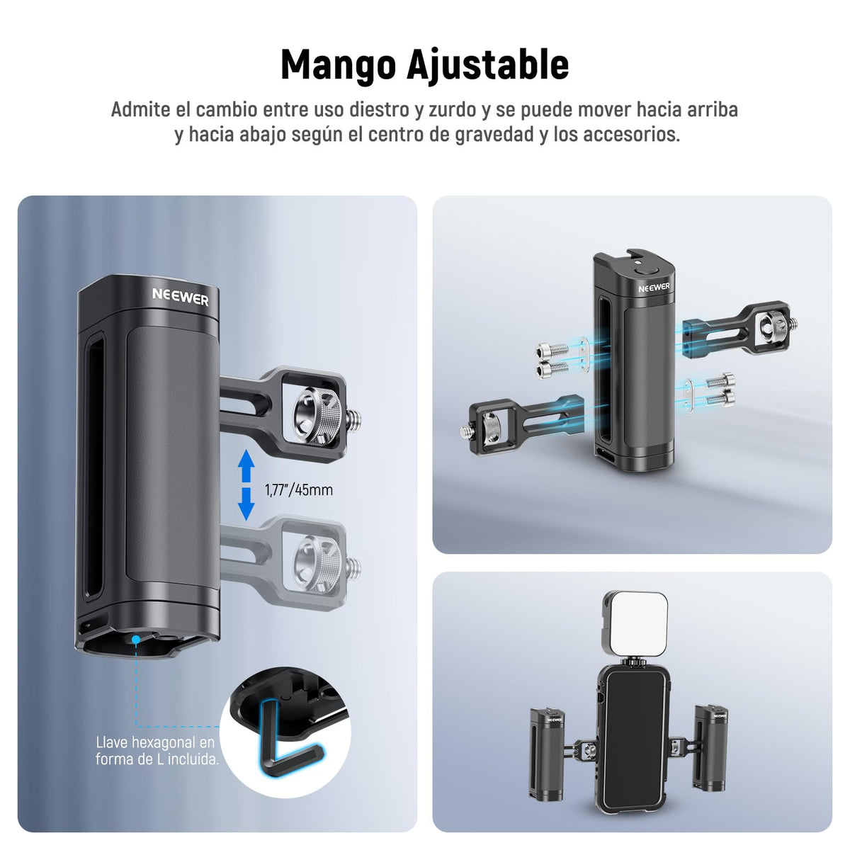 NEEWER Side Handle Grip con Disparador de Botón para Cage Video Rig de Teléfono, 2 Adaptador Montaje con 1/4" Tornillo y Pasador Localización, Empuñadura Lateral Compatible con SmallRig Jaula, PA005E