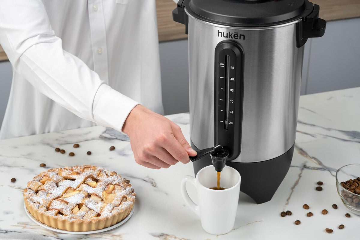 Urna de Café MasterChef by Hukën, capacidad 45 Tazas Acero Inoxidable con Ventanilla Indicadora de Nivel de Agua, 1000W de Potencia para Rápido Calentamiento, modelo MK-UCM-45