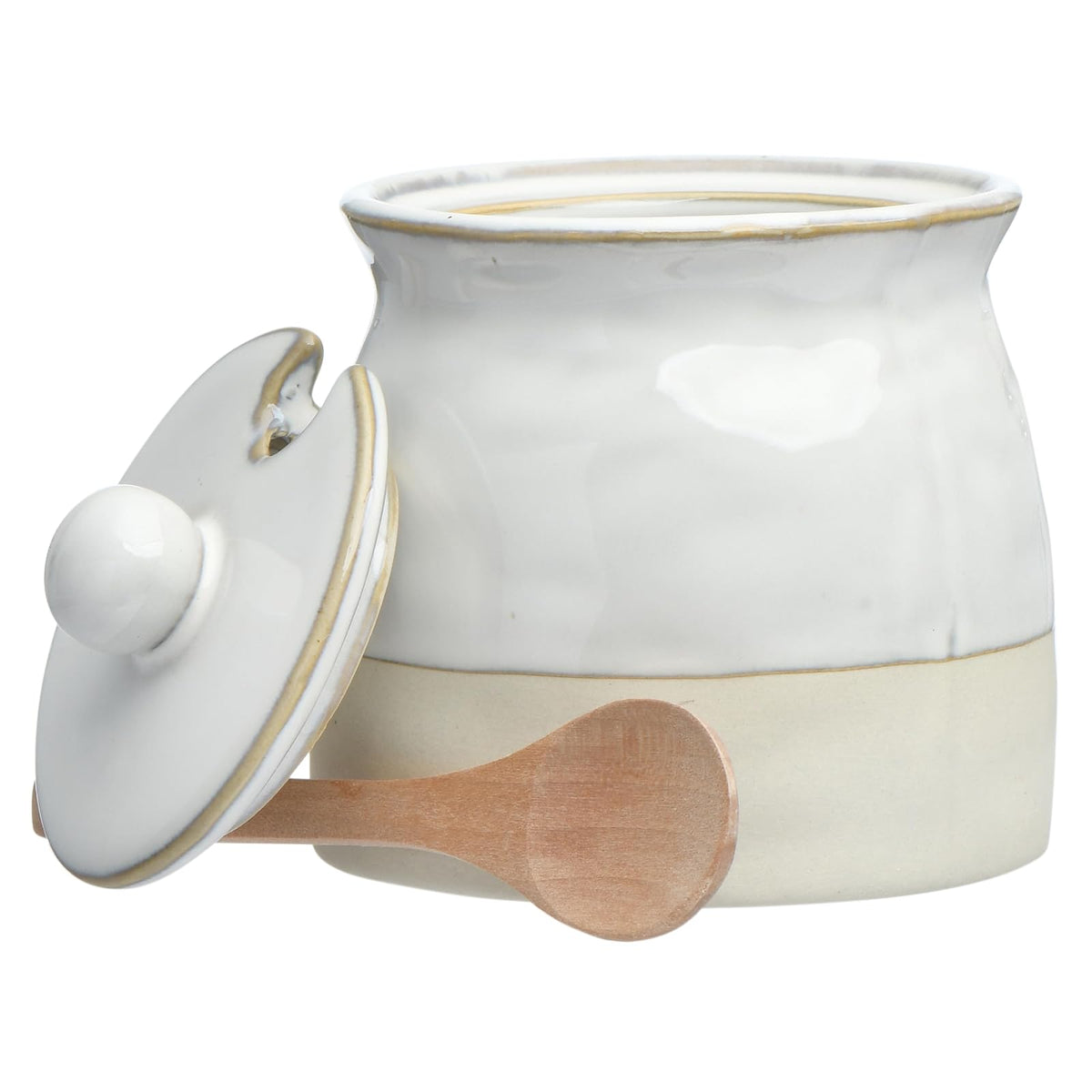Creative Co-Op - Azucarero de gres con tapa y cuchara de madera, esmalte blanco