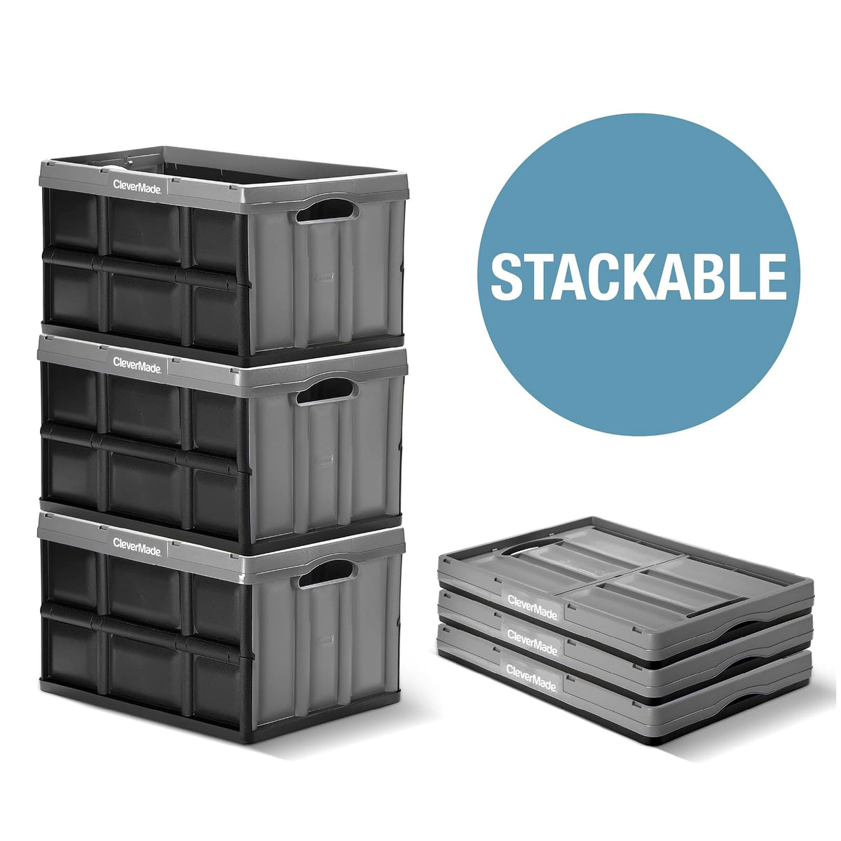 CleverMade Contenedores Plegables de Almacenamiento, Paquete de 3, 62 L, Apilables, Color Piedra