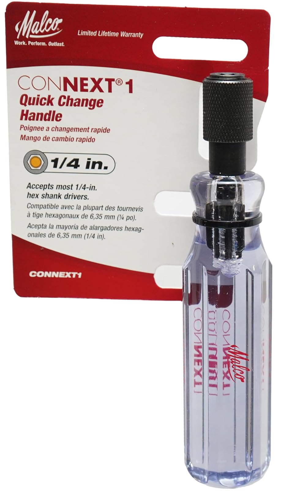 Malco Connext1 Quick Change Nut Driver Handle | Acetato moldeado, 5-1/4 in, 1/4 in chuck