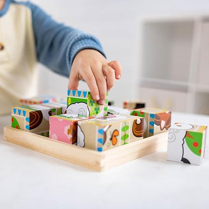 Melissa & Doug Rompecabezas de Cubos Animales de la Granja, Seis Rompecabezas en Uno, Juguete de Madera, Juguete de Desarrollo (16 Cubos y Bandeja) - Certificados FSC