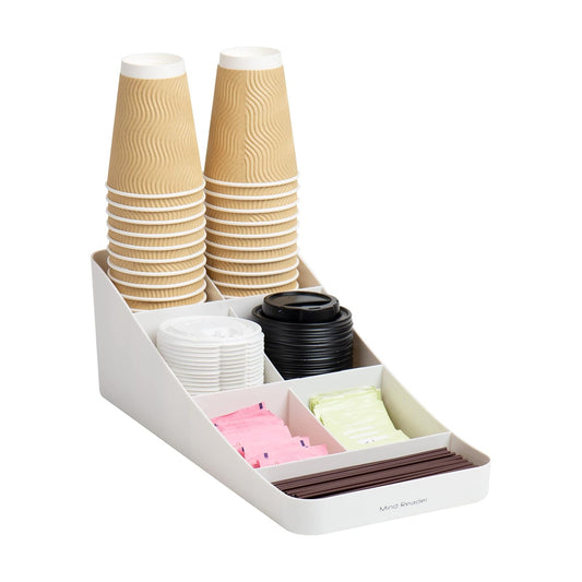 Mind Reader Cup and Condiment Station, Countertop Organizer, Coffee Bar, Kitchen, Stirrers, 7.25"L x 15.5"W x 5.25"H, White