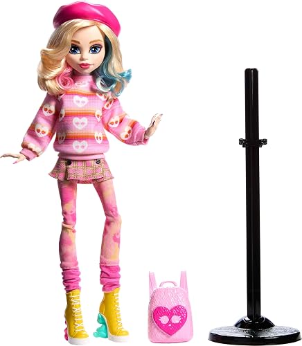 Monster High Wednesday Muñeca y Accesorios, Enid Sinclair Coleccionable en Moda Rosa con Boina y Mochila, Soporte para muñecas