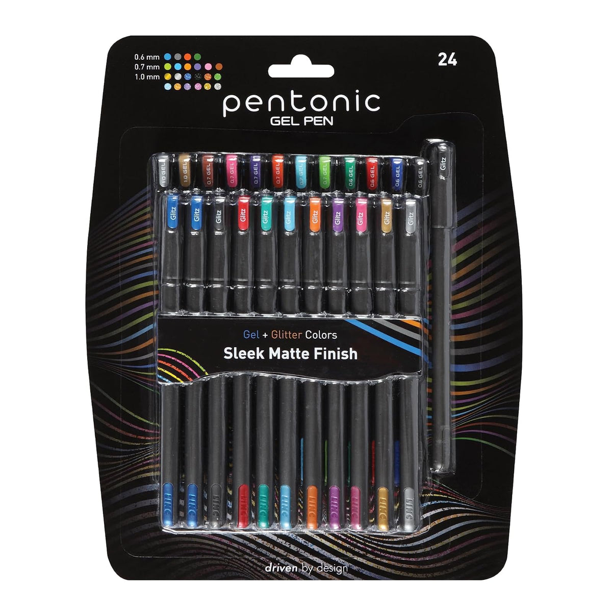 Pentonic - Bolígrafos de gel, 24 unidades, paquete mixto (12 bolígrafos de colores surtidos, 12 bolígrafos con purpurina), punta media y fina, escritura suave para diario (1002355)