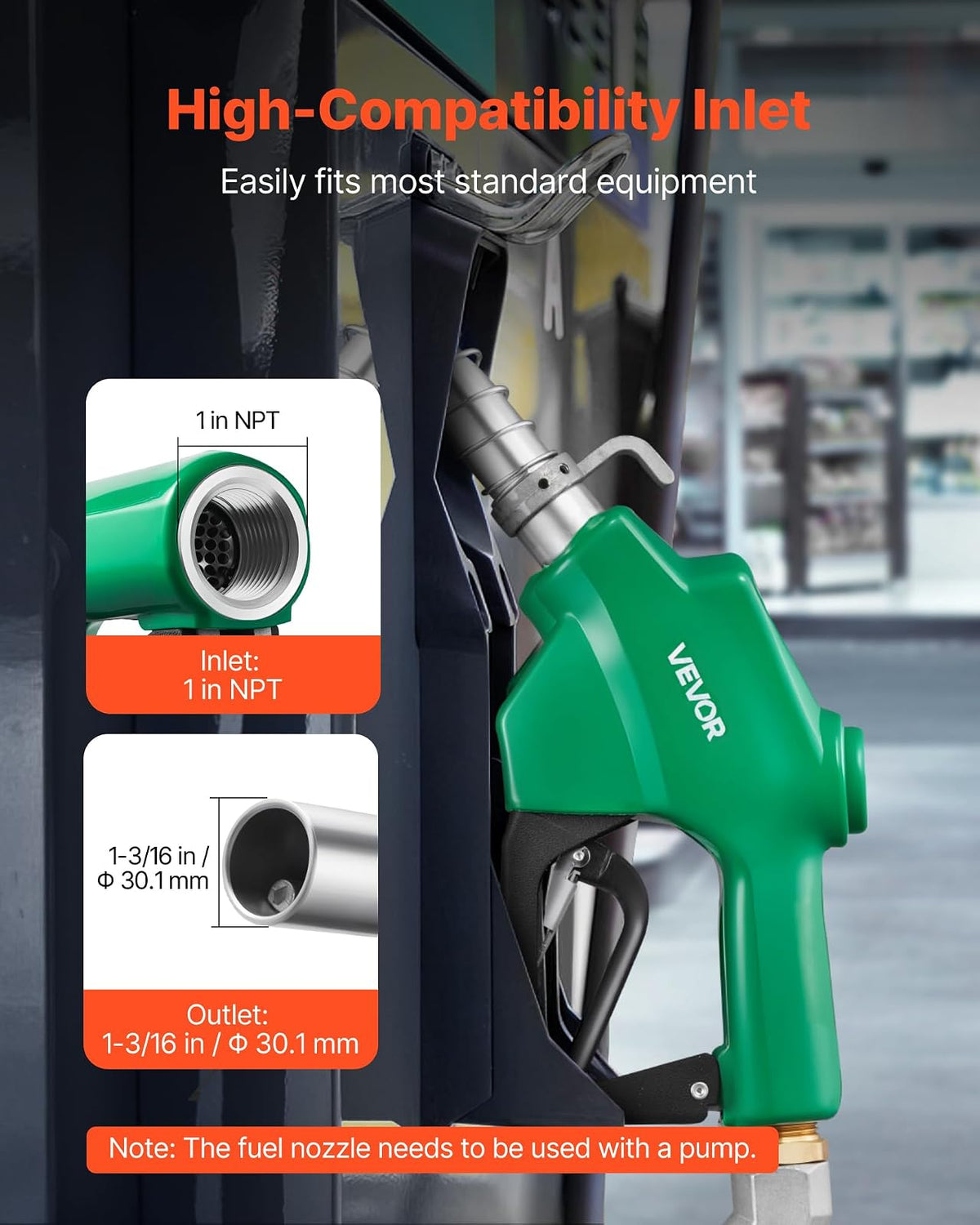 VEVOR Boquilla de combustible automática NPT de 1 pulgada, caudal máximo de 21,6 GPM, apagado automático, con bloqueo de gatillo de 3 velocidades y boquilla de 1-3/16 in (diámetro exterior = 30,1 mm)