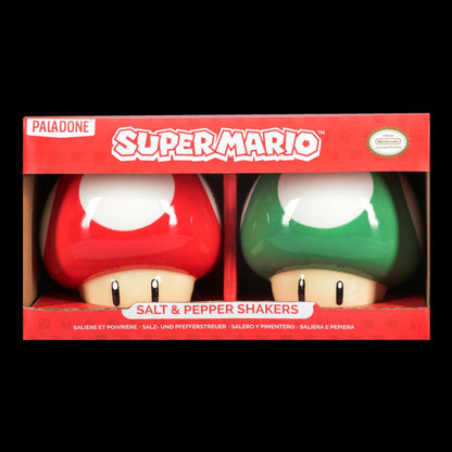 Super Mario Brothers - Juego de salero y pimentero de hongos con licencia oficial de Nintendo rojo y verde para decoración de cocina y hogar, regalo de inauguración de la casa para fanáticos de