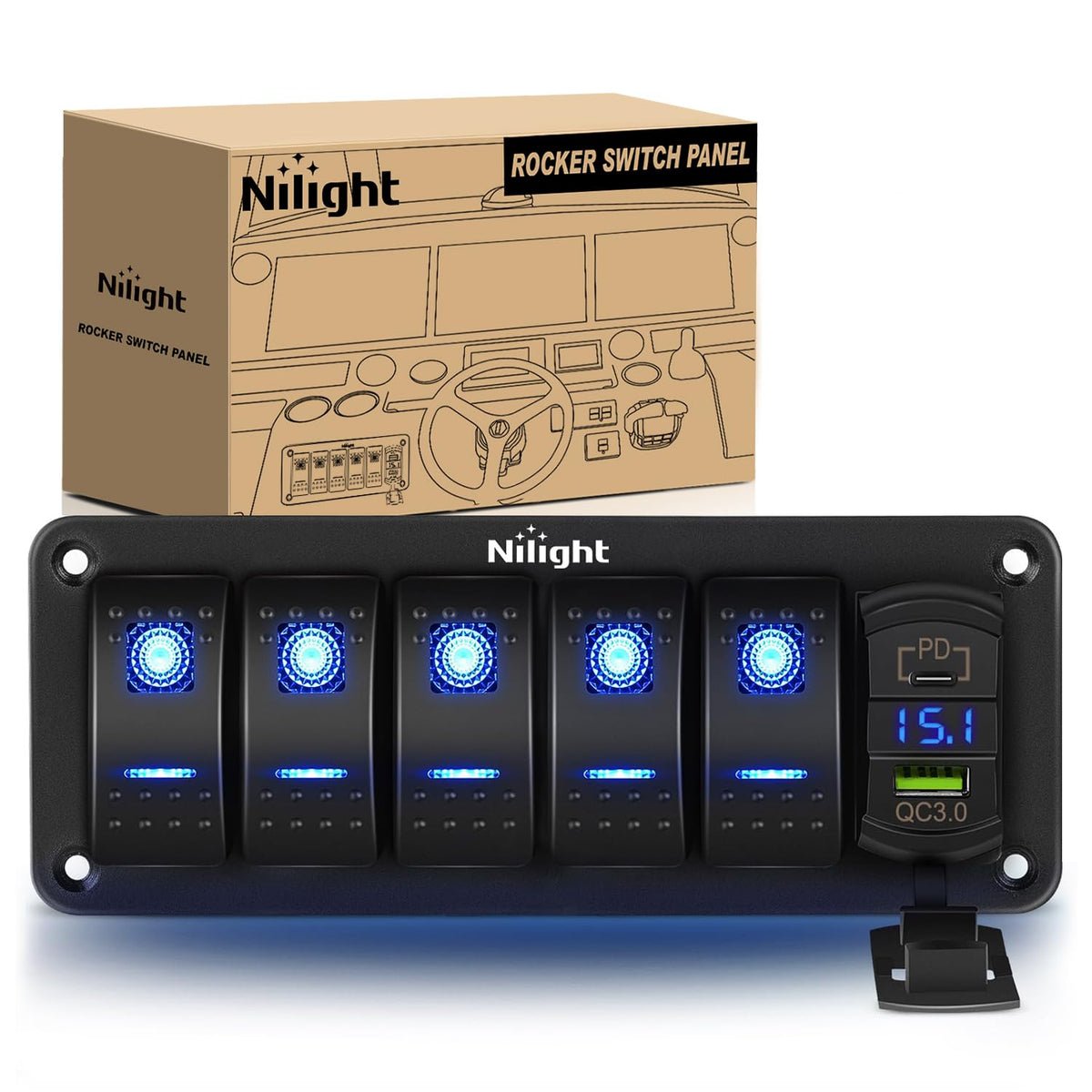 Nilight - Panel de interruptor basculante de 5 bandas retroiluminado azul con PD tipo C y voltímetro de cargador USB, impermeable, interruptores de 12 V 24 V CC con calcomanías de brillo nocturno para - Tipo C + USB Azul