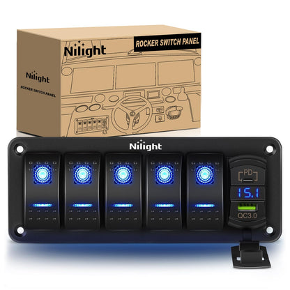 Nilight - Panel de interruptor basculante de 5 bandas retroiluminado azul con PD tipo C y voltímetro de cargador USB, impermeable, interruptores de 12 V 24 V CC con calcomanías de brillo nocturno para - Tipo C + USB Azul
